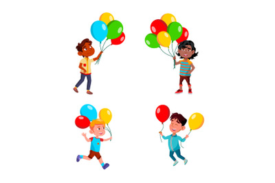 Boys Children Walking With Air Balloons Set Vector