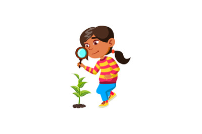 Girl Child Researching Plant With Magnifier Vector