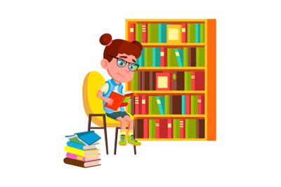 Girl Reading Educational Book In Library Vector