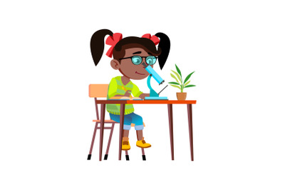 Girl Scientist Researching With Microscope Vector