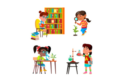 Girls Kids Scientist Study And Research Set Vector