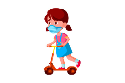 Girl Child Wear Facial Mask Riding Scooter Vector