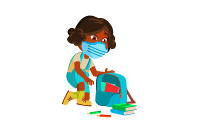 Girl Kid Collect Books In School Backpack Vector