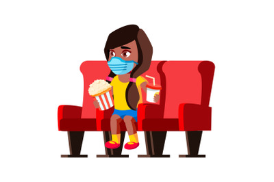 Girl Child In Facial Mask Resting In Cinema Vector