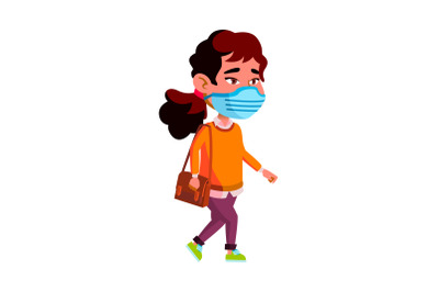 Girl Child Wearing Facial Mask Walking Vector