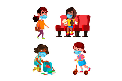 Girls Children Wearing Facial Mask Set Vector