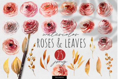 Autumn Roses &amp; Leaves Watercolor Clipart