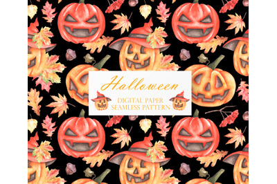 Halloween pumpkins watercolor seamless pattern. Scary pumpkins. Leaf
