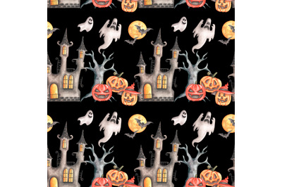 Halloween party watercolor seamless pattern. Castle, pumpkins, ghosts