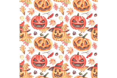 Halloween pumpkins watercolor seamless pattern. Scary pumpkins. Fall