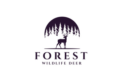 Forest Deer Logo&2C; Deer Silhouette at Pine Fir Conifer Evergreen Tree