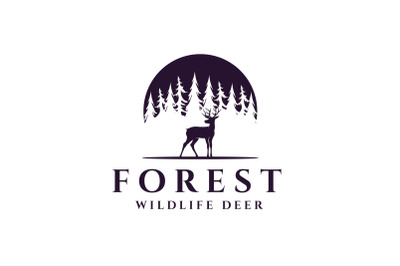 Forest Deer Logo, Deer Silhouette at Pine Fir Conifer Evergreen Tree