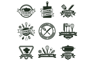 Kitchen food cooking, cutlery and kitchenware tools emblems. Culinary