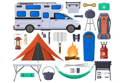 Camping hiking touristic tent, van, campfire elements. Hiking outdoor