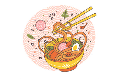 Doodle ramen noodles bowl oriental japanese traditional cuisine. Hand