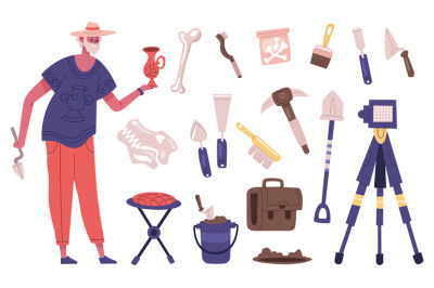 Archaeology explorer character with archaeology dig equipment and arte