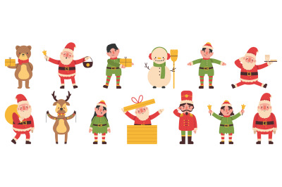 Christmas elves, snowman and reindeer Santa Claus helpers mascots. Win