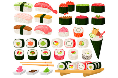 Cartoon asian cuisine rolls, sushi, sashimi dishes. Japanese oriental