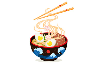 Cartoon asian cuisine delicious ramen noodles bowl. Traditional japane