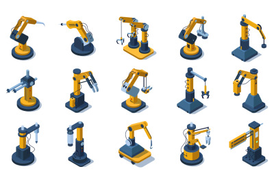 Isometric factory mechanised automated robotic arms. Factory industria