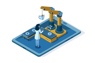 Isometric automated robotic arm engineering management. Automated robo