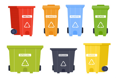 Trash container vector set with recycle icon. Garbage bin for metal, e