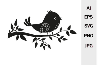 Bird on a branch black stencil SVG format