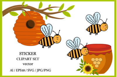 Clipart set of bees and honey