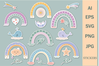 Rainbow&2C; whale&2C; cloud and flower stickers in Boho style