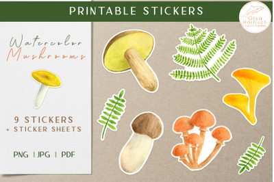 Fall Printable Sticker Pack. Watercolor Mushroom Stickers