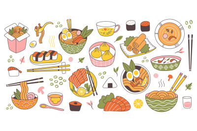 Doodle asian japanese cuisine traditional delicious food. Chinese, kor