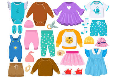 Cartoon childrens fashion outfits clothes, shoes, hats. Baby clothes e