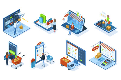 Isometric mobile e-commerce online shopping concept. People make purch