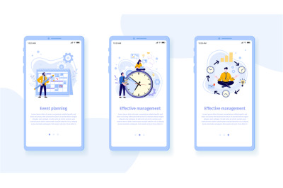 Time management mobile interface template. Man with pencil and schedul