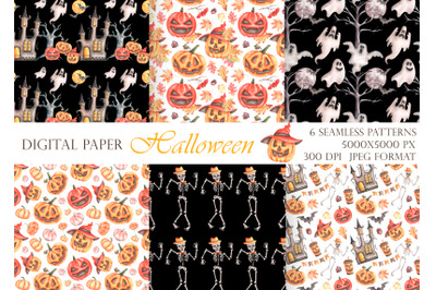 Halloween watercolor seamless patterns. Halloween party patterns.