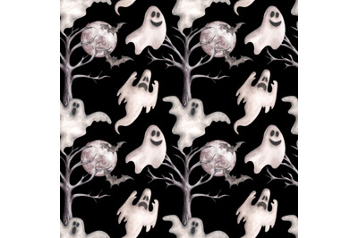 Halloween twilight watercolor seamless pattern. Ghost, bat, moon