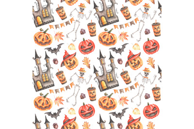 Halloween party watercolor seamless pattern. Pumpkin, ghost, bat