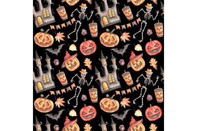 Halloween party watercolor seamless pattern. Pumpkin pattern. Black