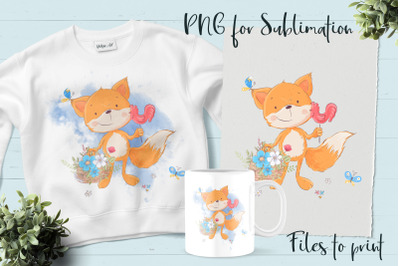 Cute Fox sublimation. Design for printing.