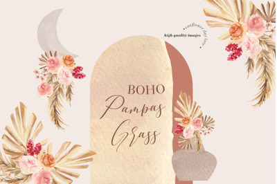 Bohemian Frames and Pampas Grass&2C; Arch Boho Watercolor clipart