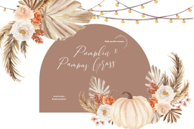 White Pumpkin Pampas Grass Clipart&2C; Arch Boho clipart&2C; Dried palm leaf