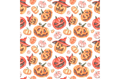 Halloween pumpkins watercolor seamless pattern. Carved pumpkins