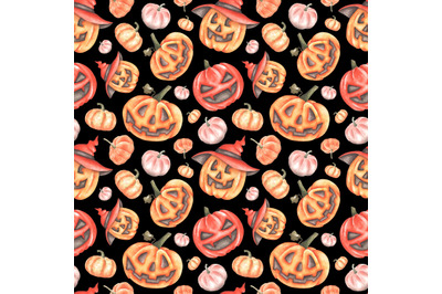 Halloween watercolor seamless pattern. Pumpkin pattern. Black