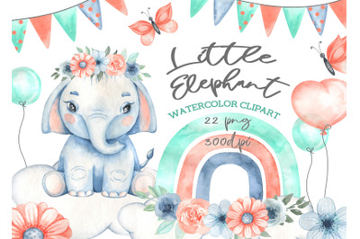 Watercolor Little elephant Clipart Rainbow clip art baby shower