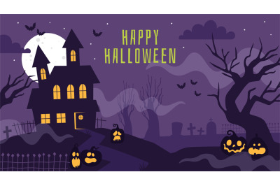 Halloween banner with haunted house. Poster with scary graveyard&2C; full