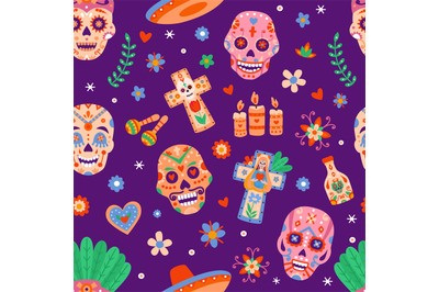 Day of dead seamless pattern. Dia de los muertos sugar skulls and flow