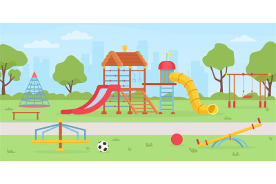 Playground at park. School or kindergarten background with sandbox, pl