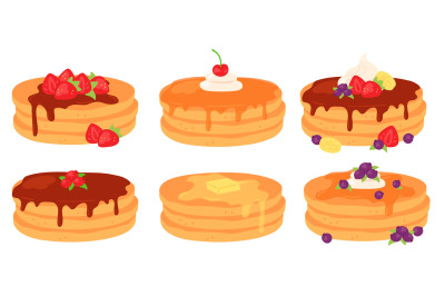 Cartoon breakfast pancake stacks with maple syrup and berry toppings.