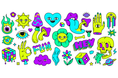 Neon cartoon psychedelic hippy stickers with mushrooms and eyes. Hallu