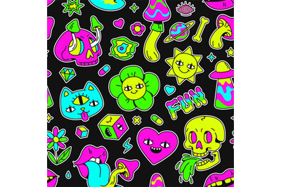 Surreal trippy seamless pattern with mushrooms and weird characters. C